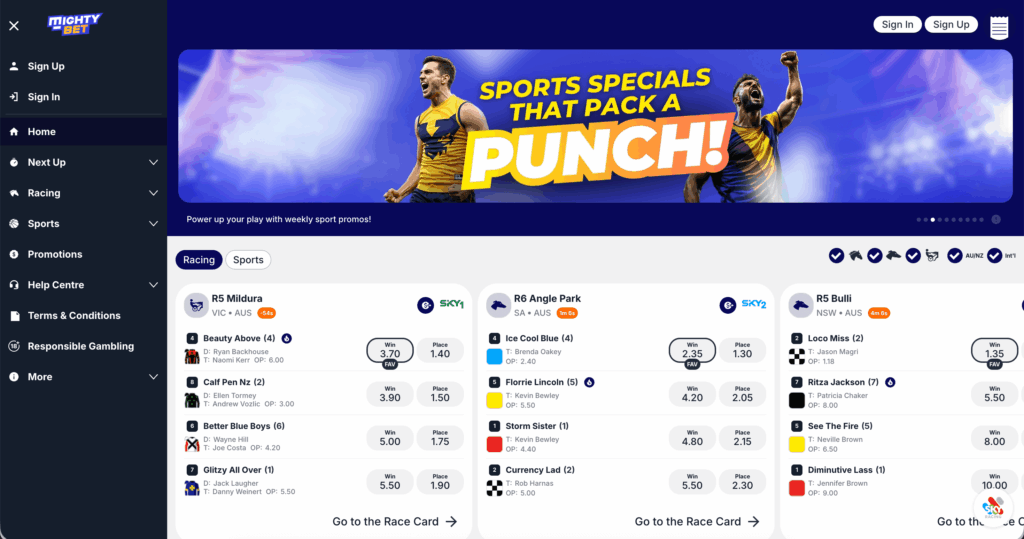 mightybet home screen