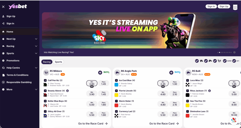 yesbet home screen